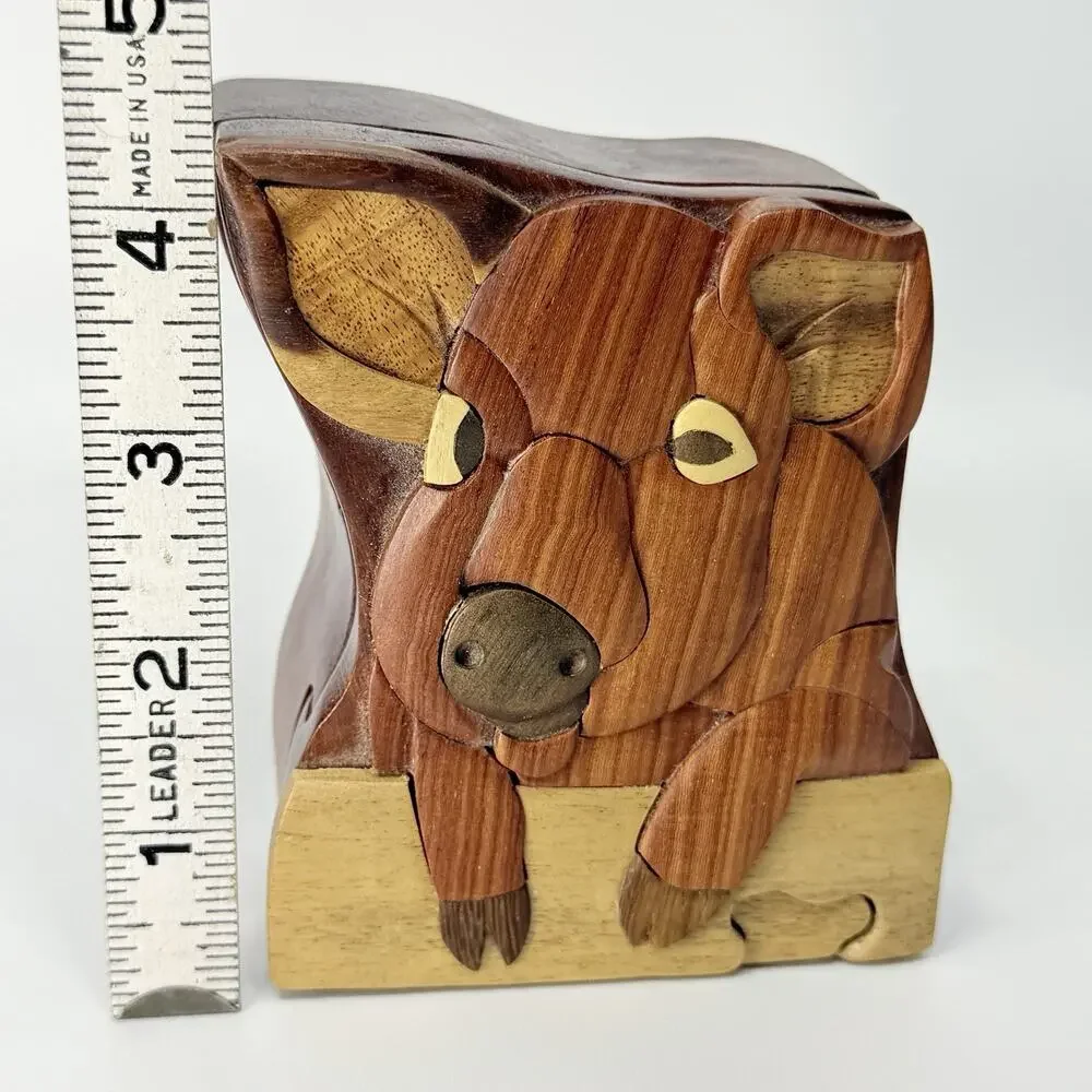 Vintage Wood Pig Puzzle Box Secret Closure Trinket Box Complete 4.5